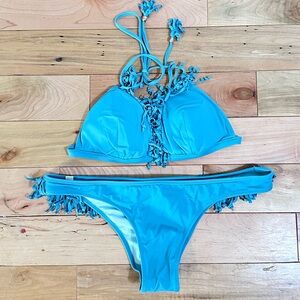 Victoria's Secret Steele Blue Turquoise Fringe Bikini Set